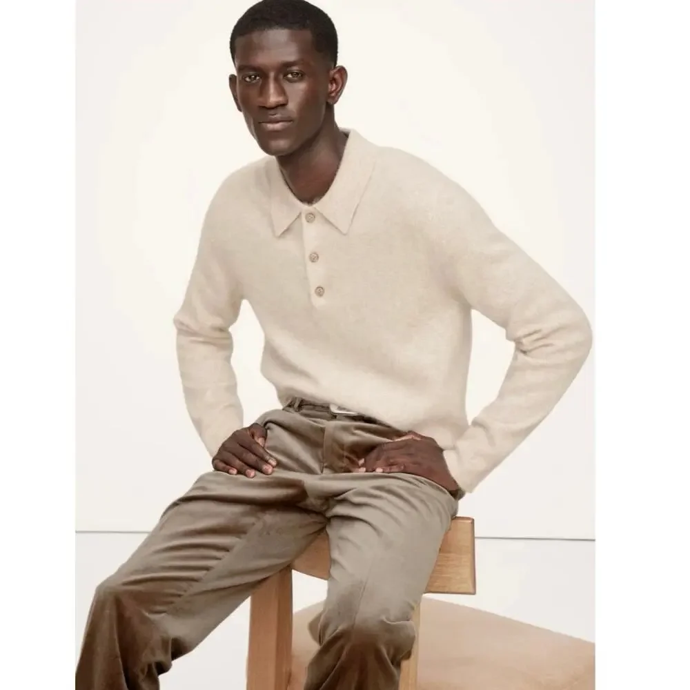 Banana Republic 100% Brushed Cashmere Oatmeal Cream Long Sleeve Polo Sweater